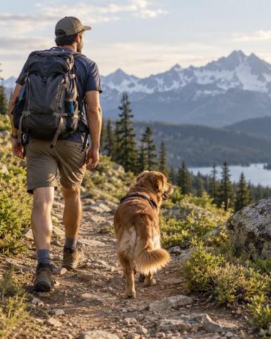 Hiker and golden retriever walking a rocky trail with mountain and lake views
